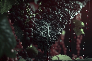 grapvines with bunches of grapes and large dark human blood drops on the leaves, bright lighting, realistic 4k octane beautifully detailed render, 8k post-processing, Cinematic, 35mm lens, f/1.8, accent lighting, global illumination --uplight --ar 3:2